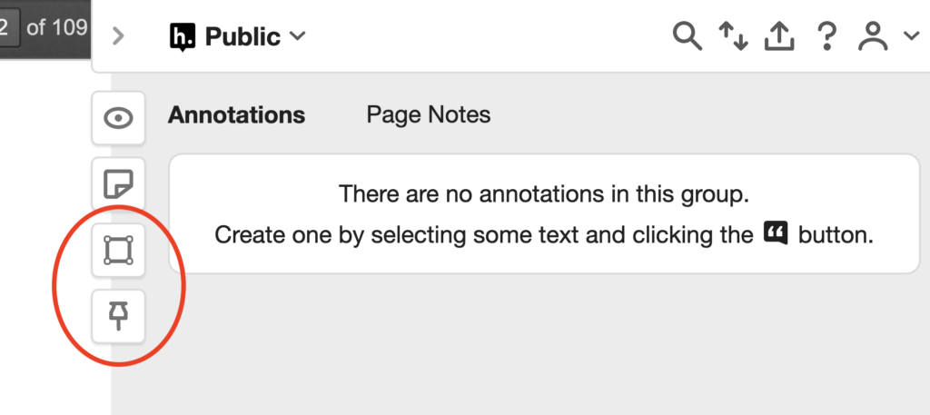 Hypothesis sidebar showing with the image annotation buttons encircled in red.